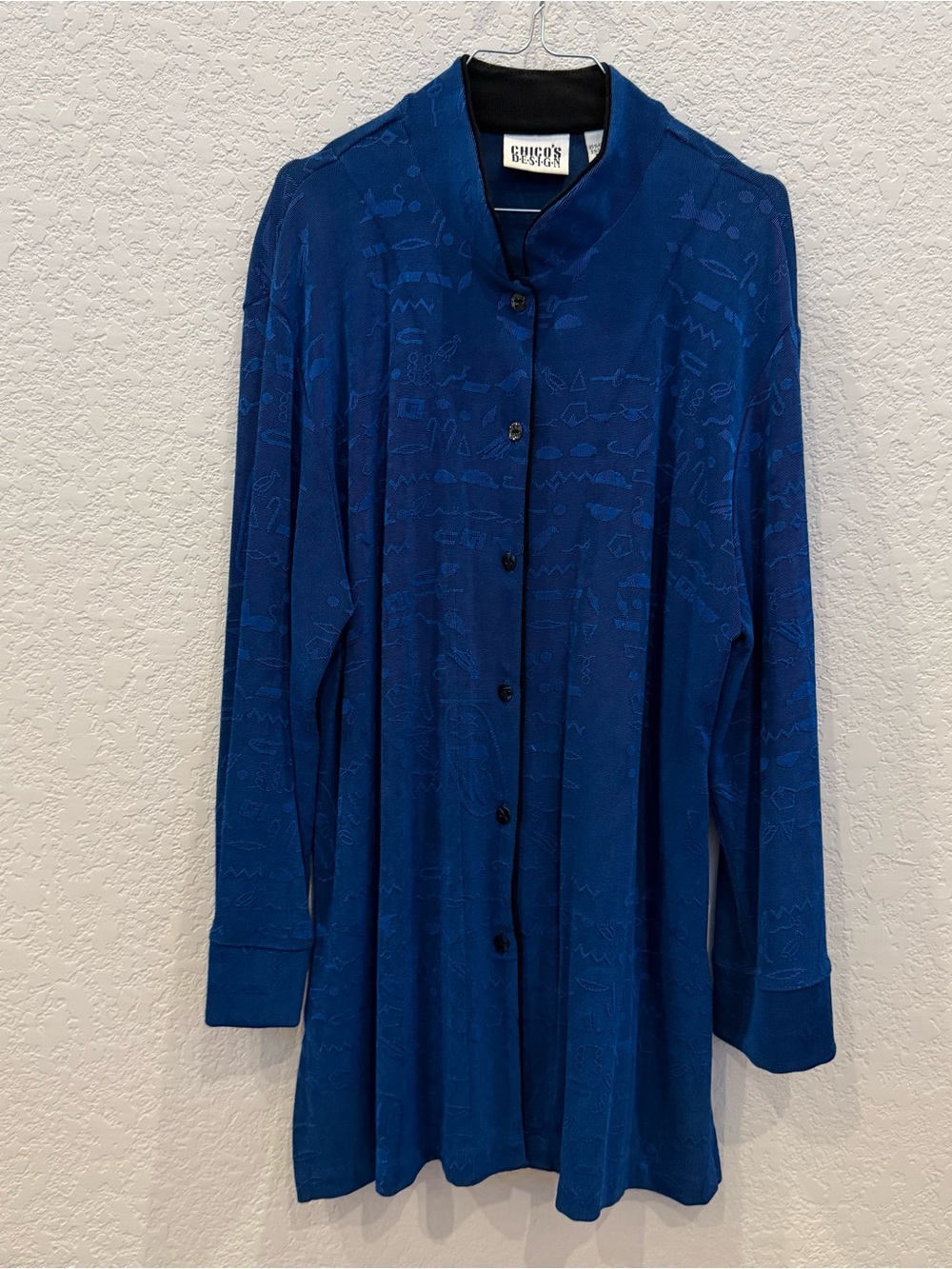 Chico's Design Blue Button-Up Textured Long Jacket Chico’s Size 2 Hieroglyphics